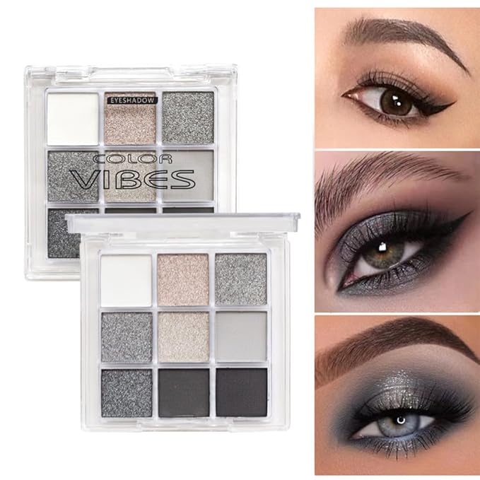 URQT Smoky Silver Eclipse Eyeshadow Palette – 9 Silver, Gray & Black Shades with Matte & Metallic Finishes, High Pigment Blendable Formula for Smoky Eye Looks