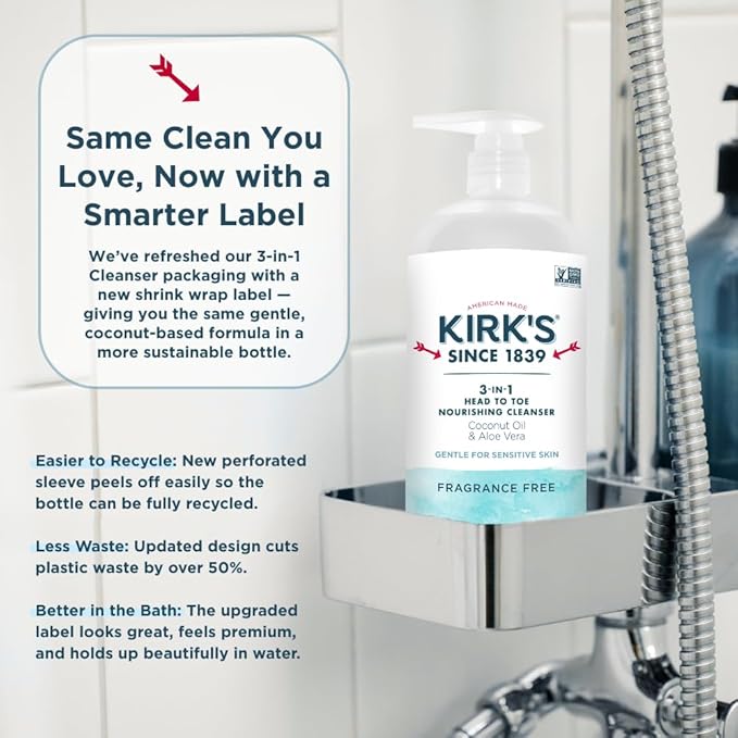 Kirk's 3-in-1 Head to Toe Nourishing Liquid Cleanser- for Men, Women & Children - Premium Coconut Oil & Aloe Vera- Non GMO & Vegan -Fragrance Free - 32 Fl Oz.