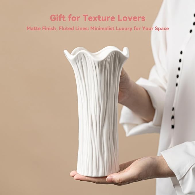 White Ceramic Vase with Ruffled Rim & Vertical Fluted Texture - 8.5" Unique Flower Vase for Pampas Grass & Centerpieces, Decorative Boho/Farmhouse Vase for Living Room, Office & Gift for Her/Yourself