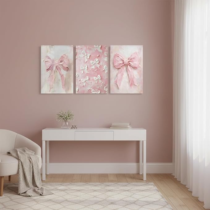 Pink Bow Canvas Wall Art Set of 3 Trendy Preppy Oil Painting Posters Wall Decor Cute Coquette Print Picture Girly Aesthetic for Back to School Girls Bedroom Bathroom College Dorm 16x24 In Framed