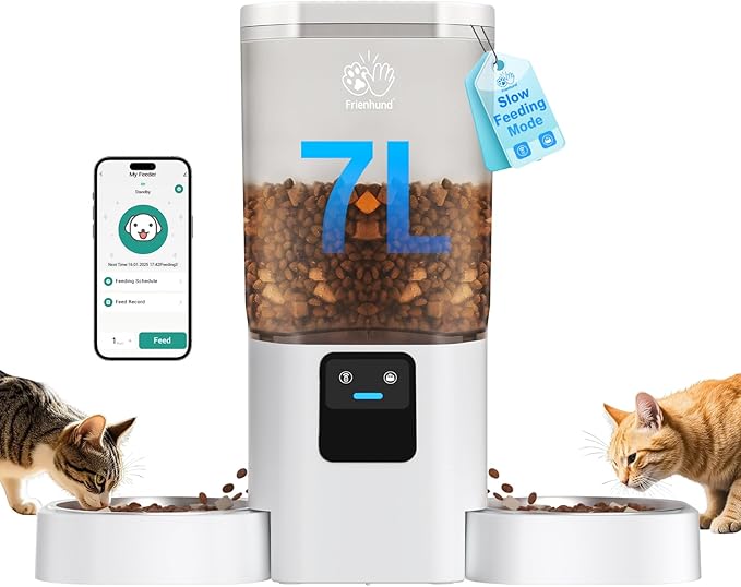 Frienhund Automatic Cat Feeder 2 Cats with Slow Feed: Dual Automatic Dog Feeder with 5G WiFi, Cat Food Dispenser with APP Control for Multiple Pets, Detachable for Easy Clean, Double Pet Bowl - 29 Cup