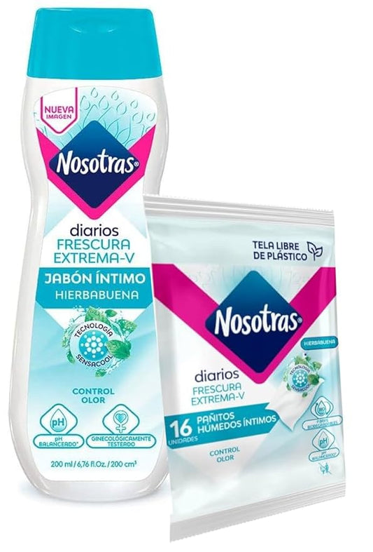 Feminine Wash Nosotras Set Intimate Soap And Wet Wipes Peppermint | Kit Jabon Intimo y Pañitos Humedos Hierbabuena Frescura Extrema-V Colombia (6.76oz - 200ml)