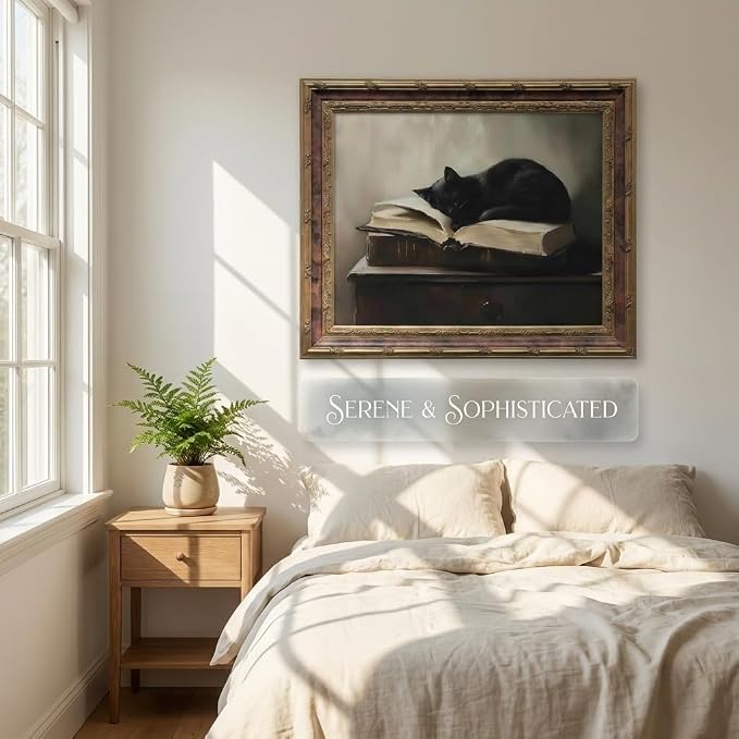 Vintage Moody Gothic Black Cat Wall Art, Dark Academia Cat Canvas Print, | Sleeping Cat on Antique Books Painting Poster, Literary Picture Wall Decor for Living Room Bedroom Office 12x16 In