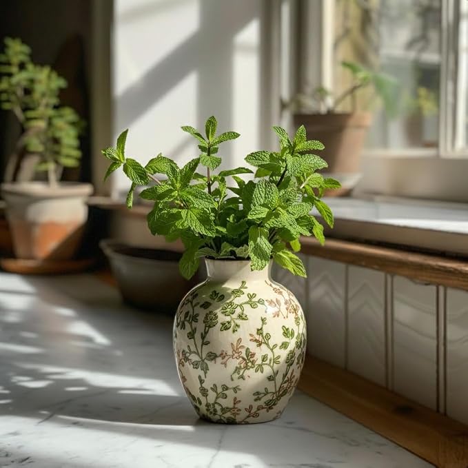 SIDUCAL Ceramic Green and Beige Antique Vase, 5.83 Inch Retro Ice Cracked Chinoiserie Floral Vase, Rustic Farmhouse Vases for Home Decor, Bookshelf, Office, Garden, Chinoiserie Decor, Tuscan Decor