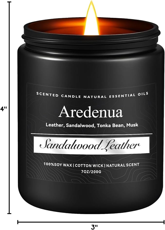 Sandalwood Leather Candle, Manly Candles for Home Scented, Masculine Aromatherapy Gifts for Men - 7oz Soy Candle, 50 Hours Burn Time, Perfect for Relaxing Home Fragrance