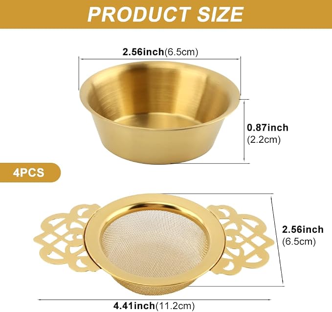 4 Pack Tea Strainer Bowl,Stainless Steel Tea Strainer Bowl, Fine Mesh Fil-ter with Drip Bowl & Winged Handles for Loose Tea/Coffee, Fits 2.5-4 Inch Cup Mouth(COLOR:Glod)
