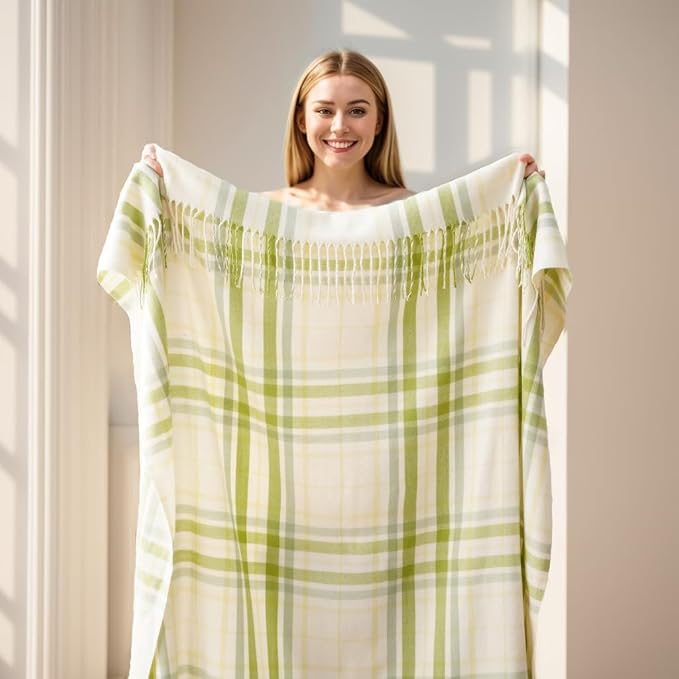 Spring Summer Plaid Throw Blanket for Couch Bed,White Green Stripe Blanket | 50"x60", Farmhouse Throw Blanket, Buffalo Checkered Design, Lightweight Soft Plaid Blankets and Throws for Home Decor