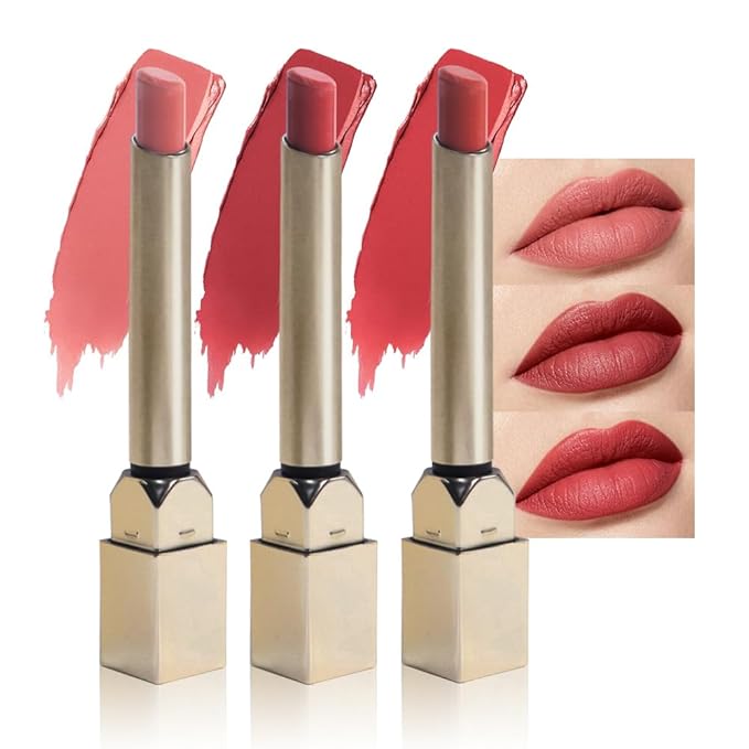 3Pcs Nude Pink Wine Red Matte Lipstick Set for Older Women,Velvet Long Lasting Waterproof Smudge Proof Lip Stick,24 hr Hours Magic Lipstick 24 Hours Original Lip Stick Stain Makeup Kit,Vegan