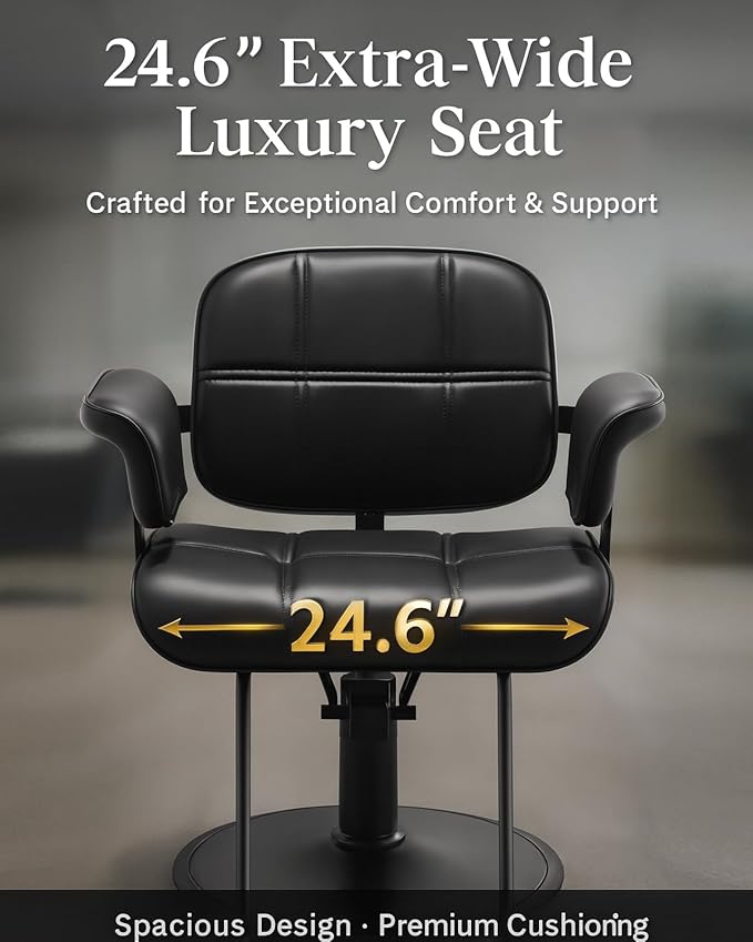 Barber Salon Chair, Extra Wide Hair Styling Chair with Heavy Duty Hydraulic Pump, 360° Swivel Height Adjustable Braiding Design, Luxury Beauty Salon and Barbershop Equipment, Black