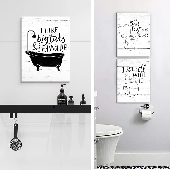 Funny Bathroom Canvas Wall Art Black and White Toilet Bathtub Bath Set Poster Print 3 Pieces Bathroom Quotes Painting Retro Wood Style Artwork for Restroom Farmhouse Bath Bathroom Decor 12"x16"(30x40cm)
