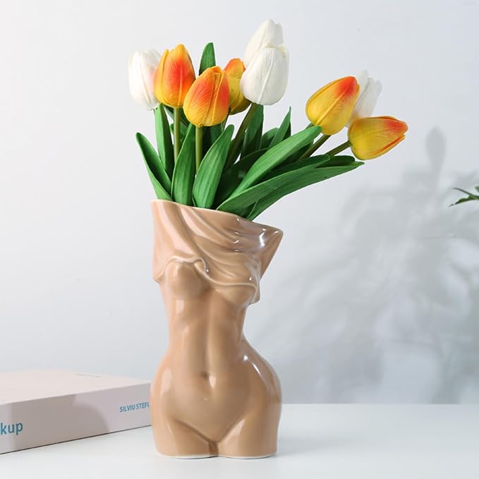 Body Vase - 7.28 Inch Tall Body Vase Female Form(Light Brown) | Unique Undressing Ceramic Flower Planter, Modern Curved Art Sculpture for Home Decor, Table & Shelf
