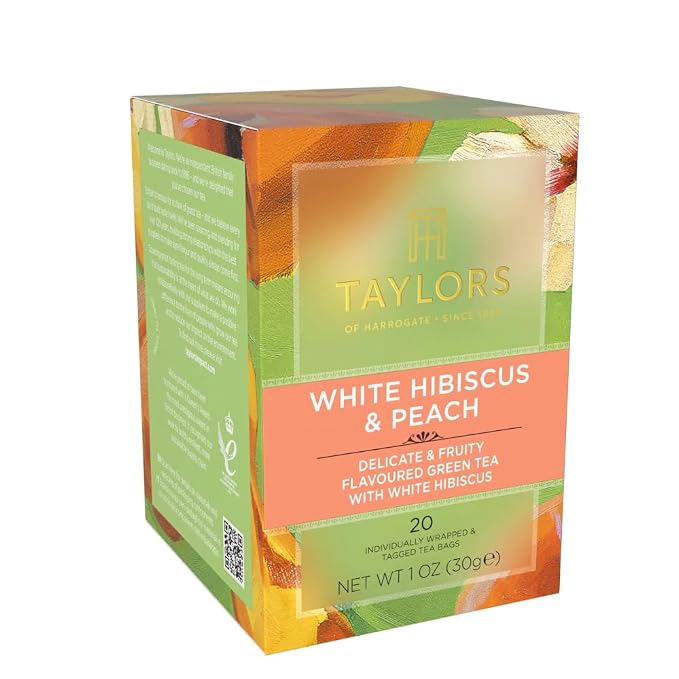 Taylors of Harrogate White Hibiscus & Peach, Green Tea Individually Wrapped Bags, 20 Count (Pack of 6), Delicate, Fruity and Sweet, Caffeinated, Enjoy Hot or Iced, 120 Teabags Total