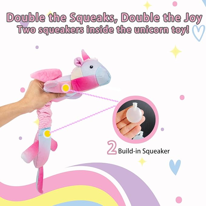 lilfrd Pink Unicorn Squeaky Dog Toy, Crinkle Plush Tug Toy for Dogs