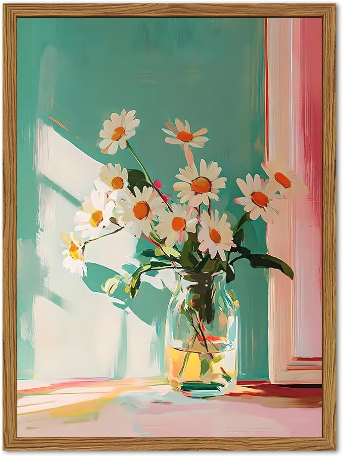 Framed Moody Floral Canvas Wall Art, Vintage Daisy Flower Pictures Wall Decor, Rustic Wildflower Paintings Prints Cottagecore Home Decor for Living Room Bedroom Bathroom 16x24 inch