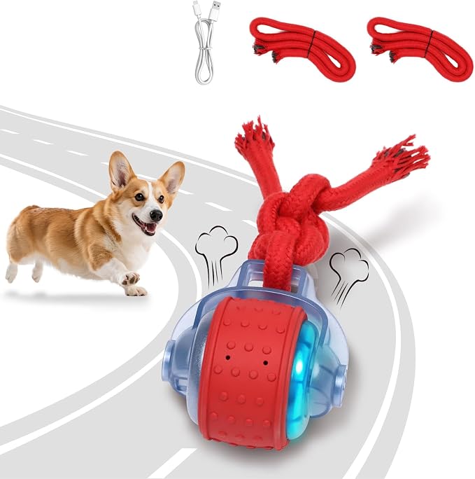 Dog Toys Interactive Rolling Ball with Rope, Motion-Activated