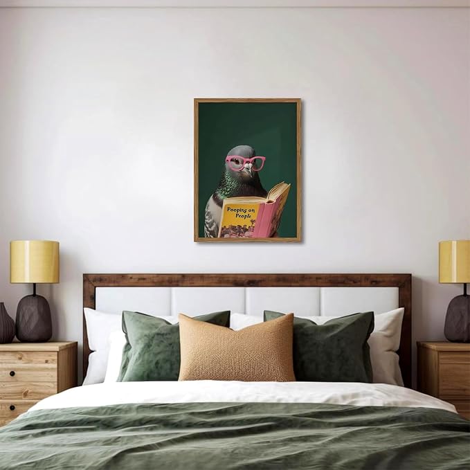 Framed Funny Pigeon Wall Art, Humorous Bird Reading Wall Decor Paintings, Pooping on People Book Pictures Canvas Print Eclectic Home Decor for Bathroom Living Room Office Dorm 12x16 inch