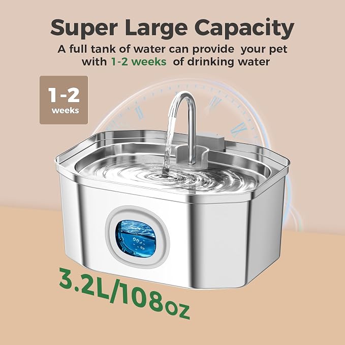 Cat Water Fountain, Apauk 108oz/3.2L Silent cat Water Fountain Stainless Steel, Cat Fountain, Automatic Pet Water Fountain,Dog Bowl, Controllable Blue Light - (6 Filters& 6 Sponges)