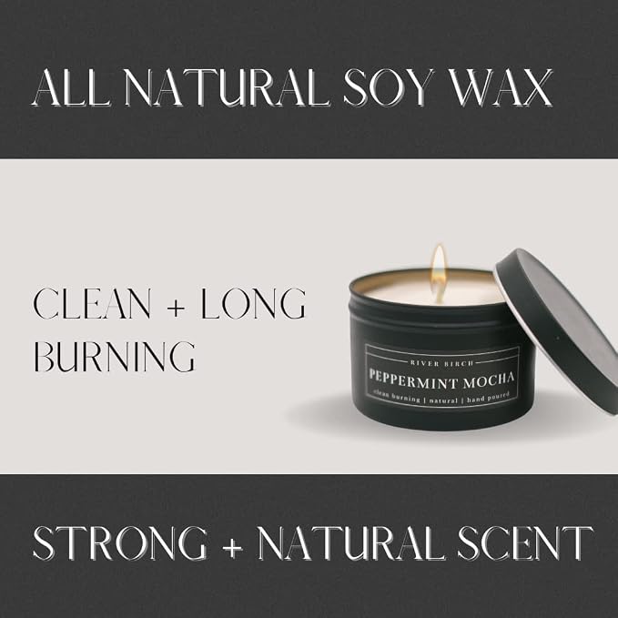 River Birch Candles Peppermint Mocha Scented Candle | Premium, All-Natural, Non-Toxic, Soy Candles | 8 oz. Black Matte Tin Travel Candle | Cozy Relaxing Gifts for Home
