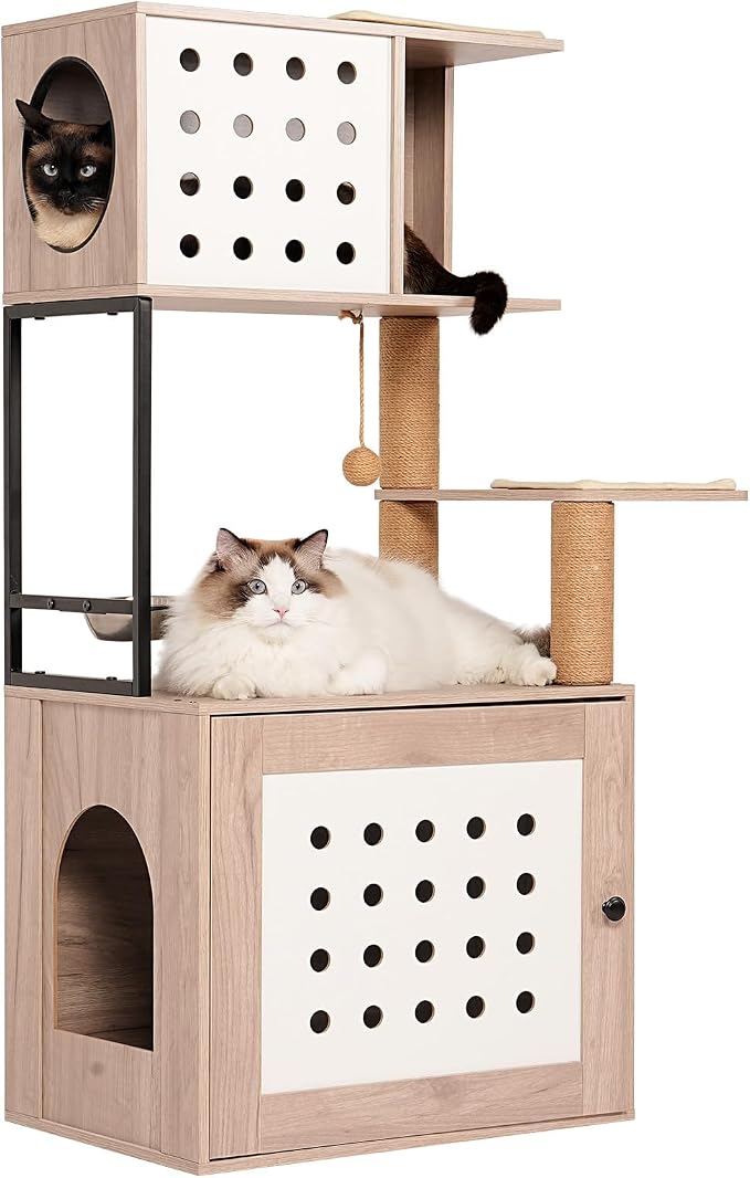 Cat Tree & Litter Box Enclosure,Modern All-in-one Indoor Cats Tower with Large Platform, Cat Condo with Wood House, Food Station, Hammocks (21.7”)