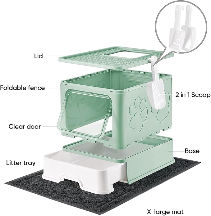 Medario Cat Litter Box with X-Large Litter Mat and Scoop(Upgrade Green) | Large Covered Litter Box with Lid, Enclosed Kitty Box,Front Top Entry Exit, Odor Control Easy to Clean