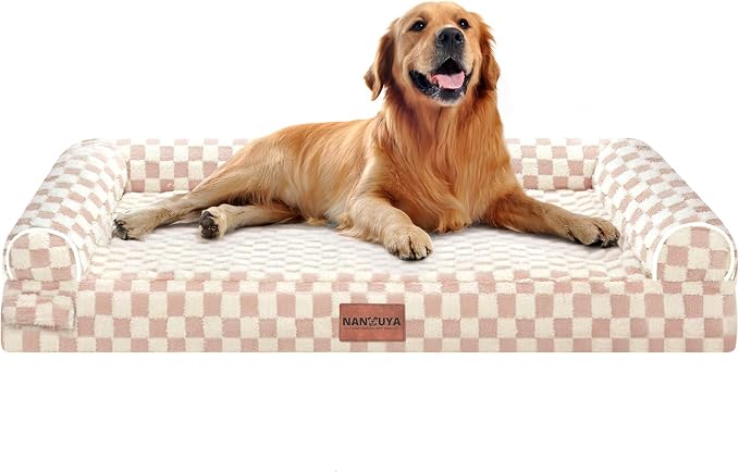 Orthopedic Dog Bed for X-Large Dogs, 40 x 32 Inch, Pink Grid | Egg crate foam for joint support, 3-sided bolster pet sofa, waterproof lining, washable cover, and non-skid base