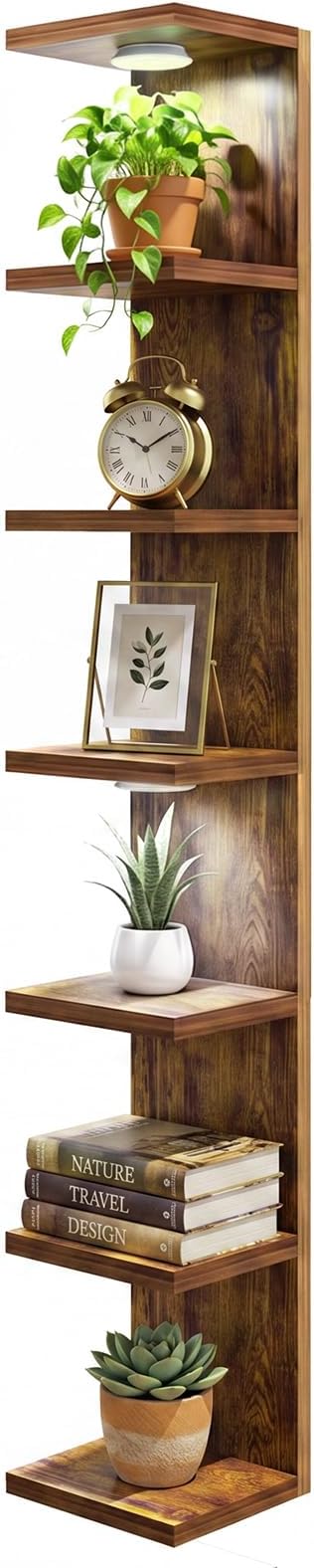 Fixwal 7 Tier Wall Shelf with LED Lights for Room Deocr (Rustic Brown) | 76.8in Tall, Holds 44Lbs Total, Flexible Section Installation, Fits Any Room Decor