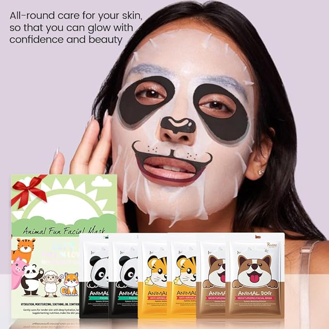 evpct 6-Pack Animal Sheet Face Facial Masks for Women Skincare Spa, Cute Facial Spa Day Slumber Sleepover Birthday Party Favors Supplies Kit, Natural Ingredients, Hydrate and Soothe for All Skin Types