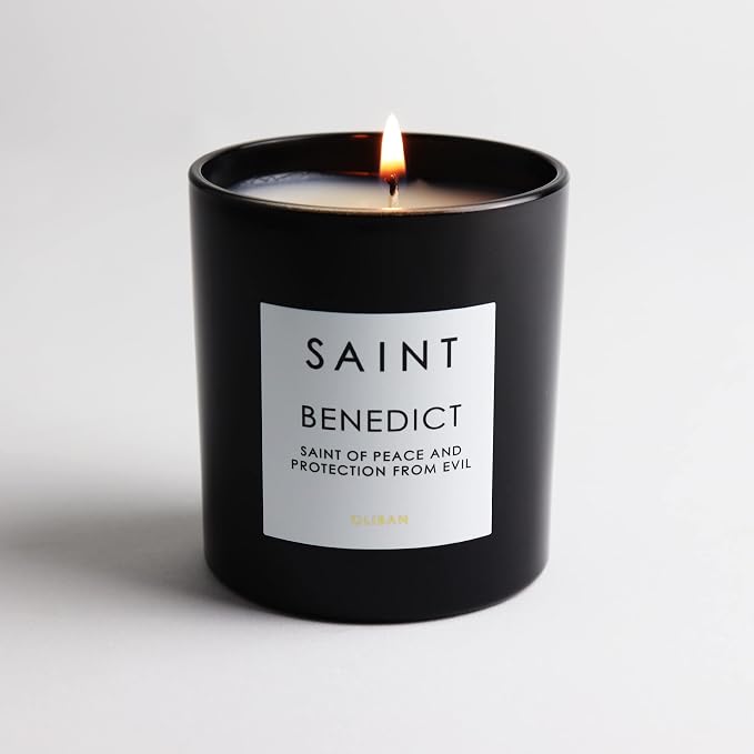 SAINT Benedict Scented Candle with Prayer and Prayer Coin | Saint of Peace and Protection from Evil, Soy Coconut Aromatherapy Candle with 50 Hour Burn Time