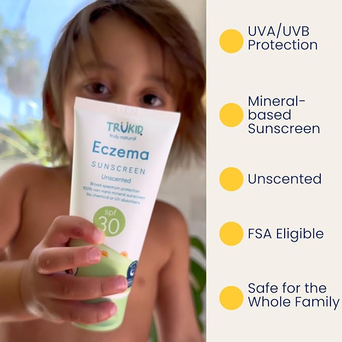 TruKid Eczema Mineral Sunscreen SPF 30 - All Natural Kids & Baby Sunscreen for Face & Body, Non-Toxic Zinc Oxide Sunblock Protection for Sensitive Skin, Unscented, FSA Eligible, Travel Size 3.4oz