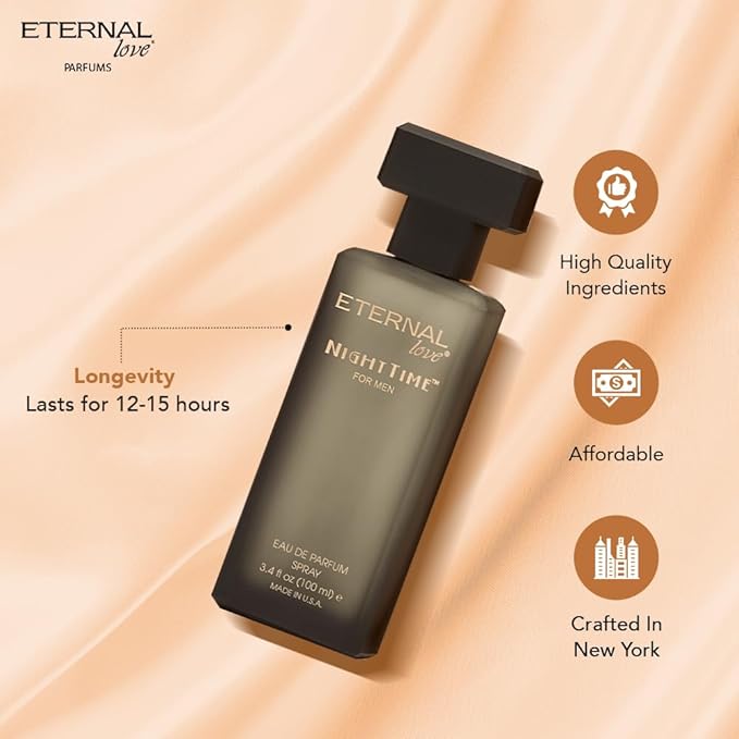 Eternal Love Nighttime for Men - Long Lasting Eau de Parfum Spray - Clean Masculine Fragrance with Rose & Jasmine - Warm Sophisticated Scent - 3.4oz