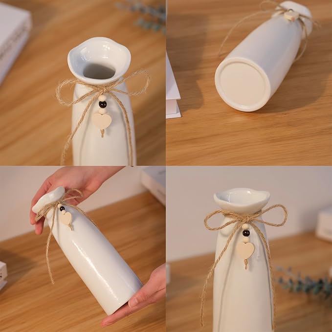 8 Inch Ceramic Vase with Jute Rope & Heart Charm, Elegant White Decorative Vase for Home Décor & Table Centerpieces