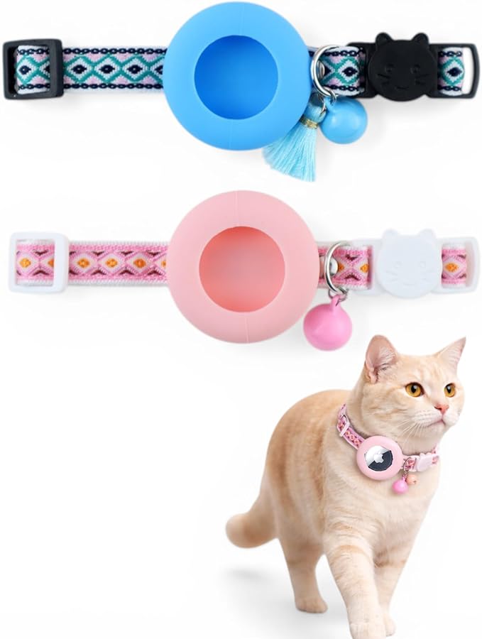 Cat Collar with AirTag Holder – Breakaway Lightweight Woven Cat Collar, Adjustable with Bell for Cats & Kittens (Morning Bloom Set) | Amazegoods