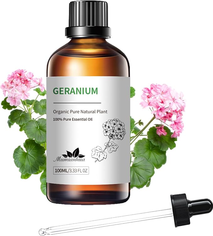 Geranium Essential Oil, Floral Scent, Outdoor & Skin Care, 3.38 Fl Oz | Mumianhua Rose Geranium Oil, Steam-Distilled. Sweet, Rose-Like Aroma. For Garden Spray, Diffuser, Skin, Hair & DIY
