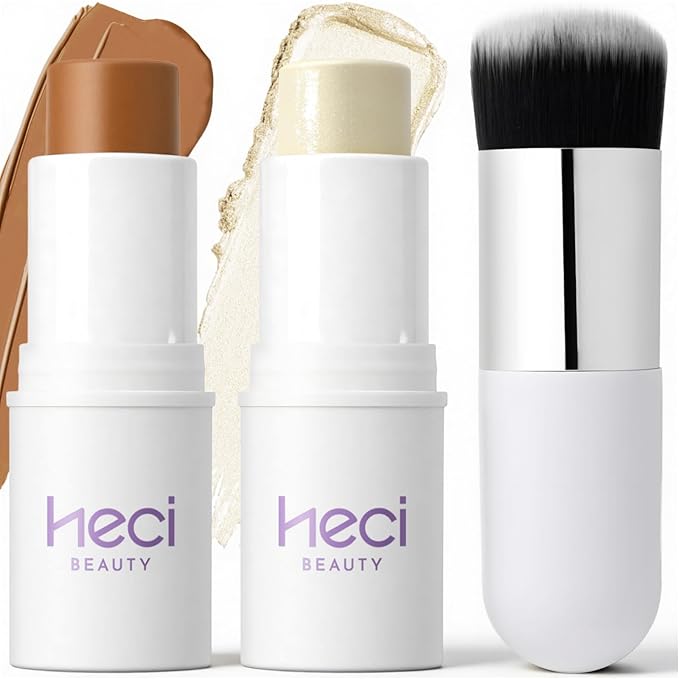 Cream Contour Stick Kit for Mature Skin, Moisturize Bronzer Pen and Highlighter with Brush, Brightens & Shades Pencil, Long Lasting & Smooth Gliding Face Illuminator for Older Women
