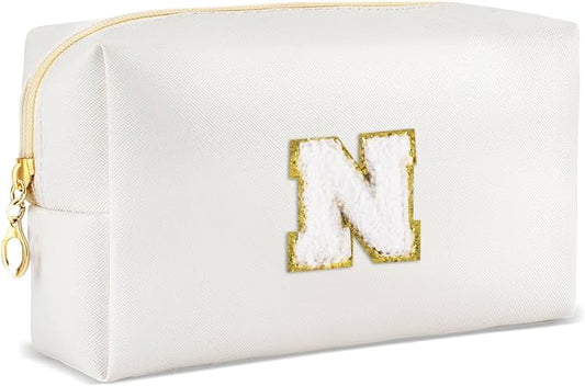 URSKYTOUS Gifts for Girls Initial Makeup Bag Personalized Cosmetic Bag with Zipper Cute Travel Toiletry Bags Waterproof PU Preppy Makeup Pouch Birthday Gift for Teen Girls Women(White N)