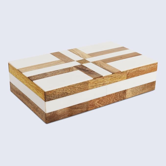 Handicrafts Home White Decorative Storage Box with Lid Wood Remote Control Box Coffee Table Storage Box Remote Holder for Living Room Decor – Resin Inlay Patisserie Delight Collection- 8x5x2
