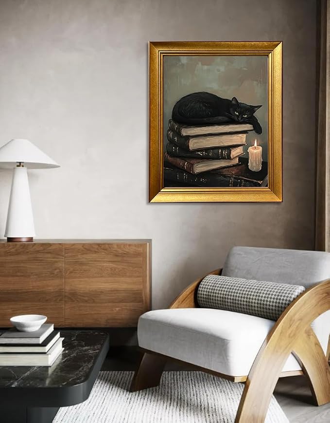 Framed Vintage Cat Wall Art for Bedroom Decor Antique Painting Black Cat Wall Art Canvas Print for Study Room Living Room Home Decor Aesthetic
