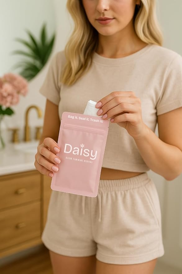Odor-Proof Sanitary Trash Bags for Tampons, Pads, Discs, Panty Liners & Feminine Wipes | The Daisy Pouch +Plus Discreet Disposal Bags for Home, Work, School & Travel