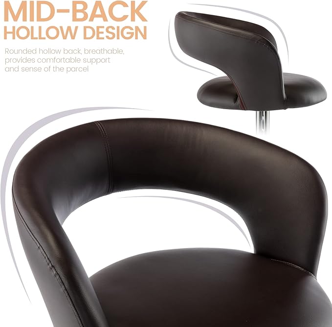 Brage Living Wide Bar Stool, Modern PU Leather Swivel Adjustable Barstool with Hollow Back and Arms, Upholstered Airlift Counter Height Bar Chair for Kitchen Dining (Dark Brown)