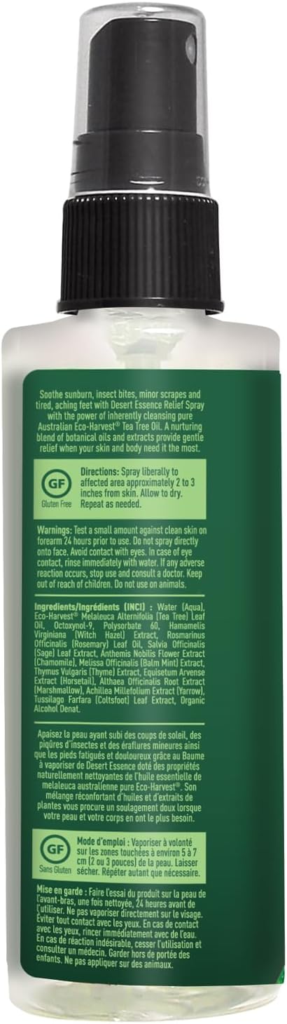 Desert Essence Relief Spray - 4 Fl Oz - Antiseptic Eco-Harvest Tea Tree Oil & Other Essential Oils - Natural First Aid - Minor Burns - Sunburn - Insect Bites - Scrapes - May Comfort Aching Feet