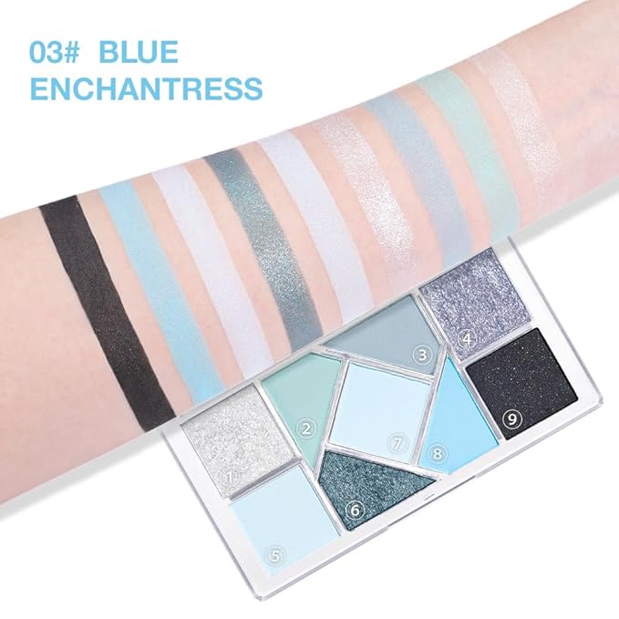 Matte Blue Shimmer Eye Shadow Palette Makeup,Eyeshadow Long Lasting Waterproof Cruelty-Free, 9 Blendable Shades in Smooth Matte and Shimmer Finishes with Gorgeous Pearls for Woman