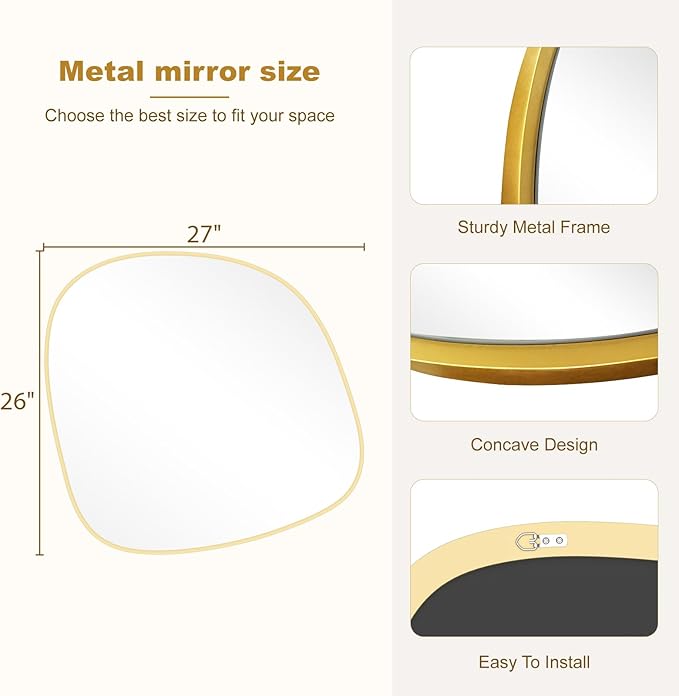 Asymmetrical Mirror, Irregular Wall Mirror, Wall Mirrors Decorative for Bedroom Living Room Entryway Hall, Unique Wall Mirror 27" H x 26" W, Gold