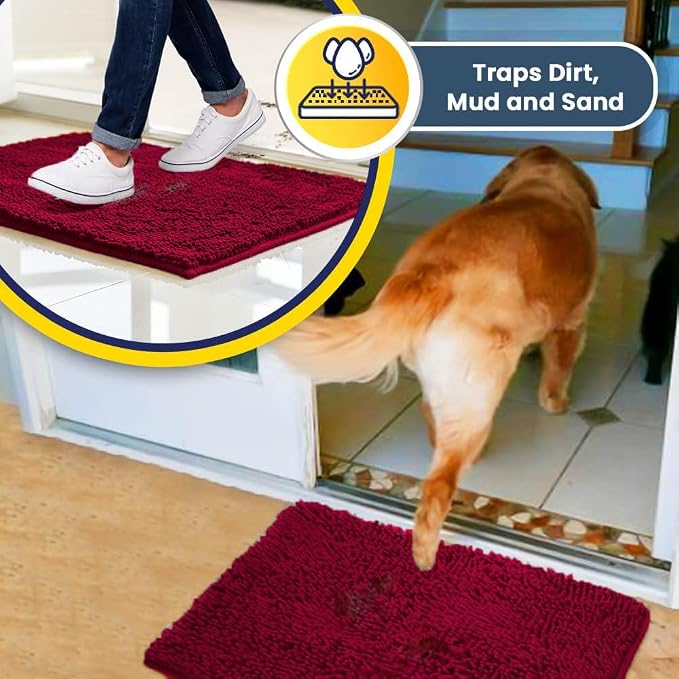Muddy Mat® | Super Water Absorbent Door Mat Indoor, Microfiber Quick Dry Chenille Entryway Rug, Slip Resistant Front Door Mat, Indoor Mats for Entryway, Machine Washable Pet Rug, Maroon 36" x 72"