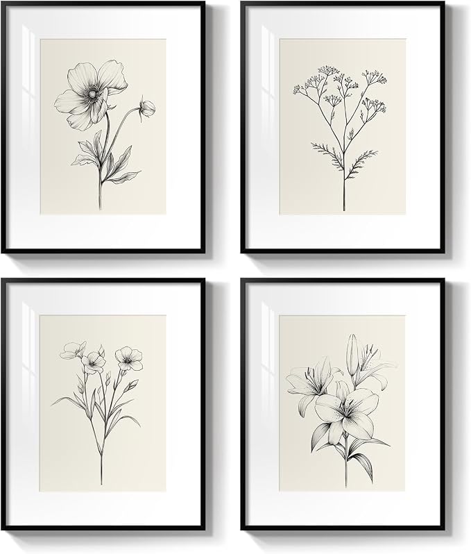 Framed Black and White Botanical Wall Art for Bathroom, 4 Piece 8x10 In | Minimalist floral wall decor, Vintage boho flower pictures, Plexiglass with mat prints, Bedroom office hallway room decor