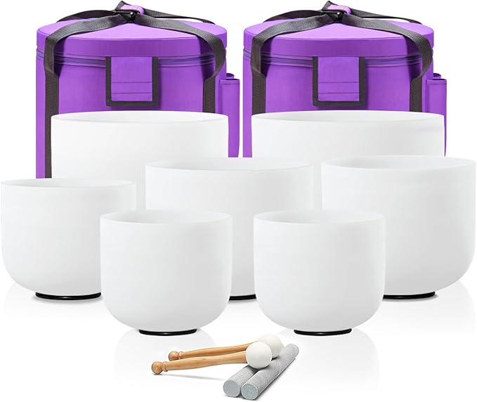 CVNC 432Hz 7-12 Inch Crystal Singing Bowl Set of 7 with 2 Pcs Carrying Case Bag, Frosted Quartz Crystal Sound Bowls for Chakra,Sound Therapy, Meditation Energy