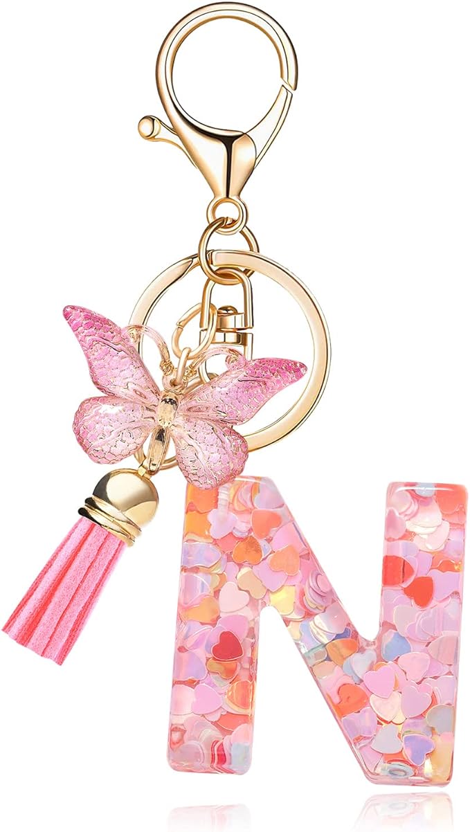 Fashion Alphabet Initial Letter Keychain Tassel Butterfly Pendant Key Ring for Purse Handbags Women Girl