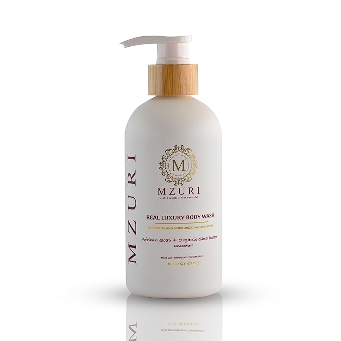 MZURI Unscented Body Wash, African Black Soap, Organic Shea Butter, and Calendula, Moisturizing, Hydrating, and Gentle Formula for Dry, Sensitive Skin, Paraben-Free Luxury Body Wash - 16 Fl. Oz