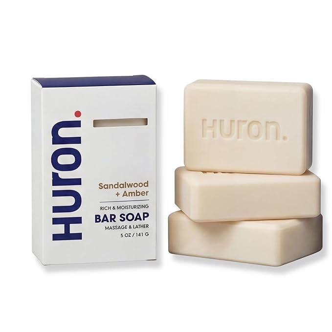 Huron Bar Soap for Men and Women, Hydrating Cleansing Bars with Sandalwood + Amber Scent, Moisturizing Shower Soap, Phthalate-Free, Non-Toxic Clean Ingredients for Daily Body Care, 5 oz (Pack of 3)