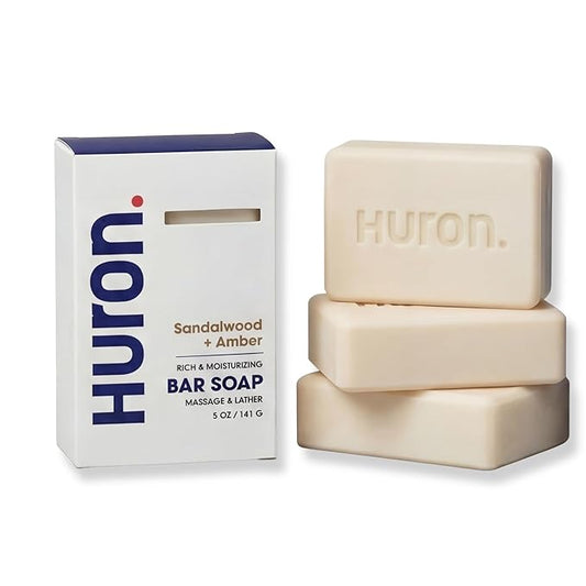 Huron Bar Soap for Men and Women, Hydrating Cleansing Bars with Sandalwood + Amber Scent, Moisturizing Shower Soap, Phthalate-Free, Non-Toxic Clean Ingredients for Daily Body Care, 5 oz (Pack of 3)