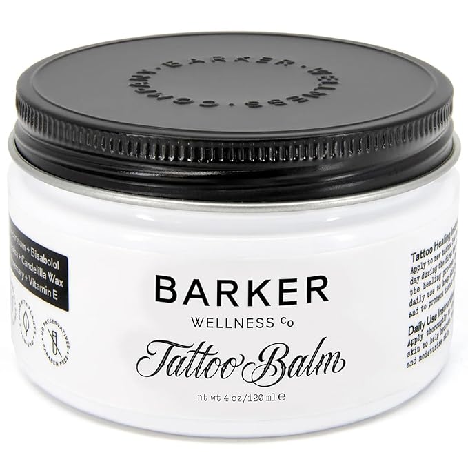 Barker Wellness Tattoo Balm – Natural Vegan Tattoo Aftercare with Bisabolol, Helichrysum & Vitamin E – Brightens Old Tattoos, Protects New Ink – Non-Greasy, Petroleum-Free, Cruelty-Free - 4 ounces